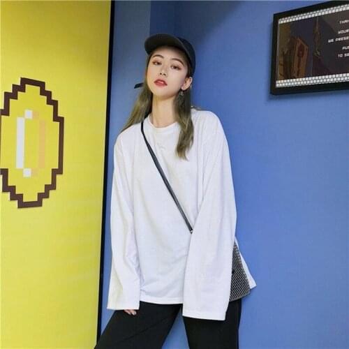 Cotton white Long Sleeve T-Shirt womens autumn new Korean loose and versatile solid color bottomed Shirt Top