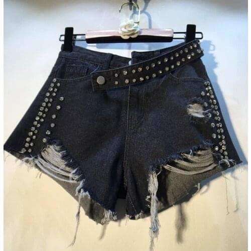 Denim shorts Internet celebrities diamond beading shorts female hand- made hole burr tassel high waist denim shorts F1226