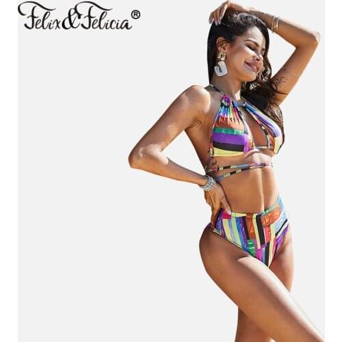FELIX & FELICIA Swimsuit Women Sexy Halter Bikini Set 2020 Female Swimwear Printing Strappy High Waist Bikini Beach Bathing Suit