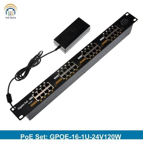 GPOE-16-1U-24V120W Passive 16 Port PoE injector 1000mbps data speed include 24Volt 120Watt AC power adapter