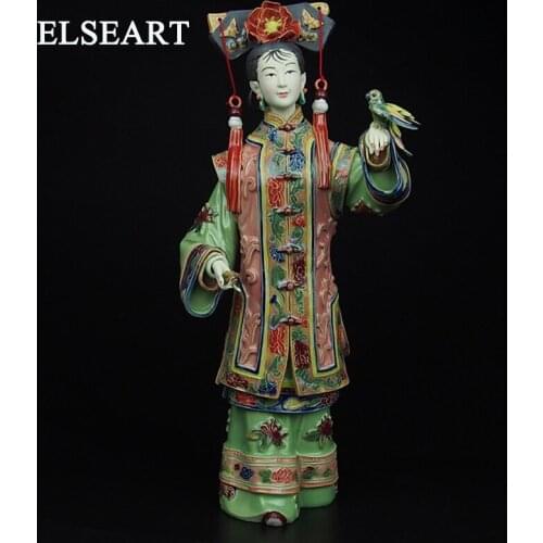 Ceramic retro china QING dynasty chinese lady feed the bird handmade porcelain sculpture statue figurine home decoration