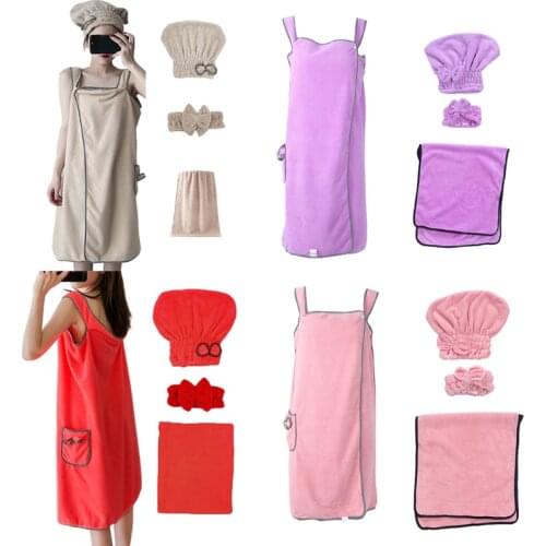 Women 4pcs Absorbent Coral Velvet Spa Bath Wrap Cover Up Set Fleece Bathrobe Shower Towel Tube Dress with Hat Headband