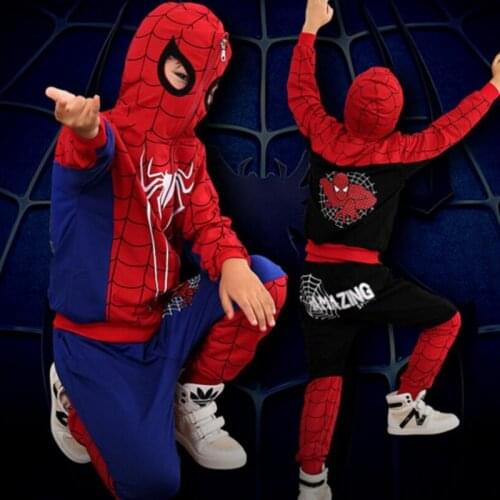 Boys' Clothing Set 2021 Spring and Autumn Spider Man 2-piece Hood Baby Clothing Set Childrens Clothing Cotton Cartoon Pants Set