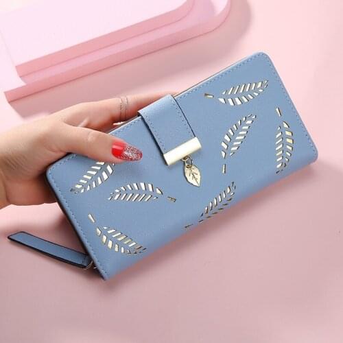 Summer New Korean Women Long Wallet Fashion Clutch Bag Hollow Leaf Zipper Buckle Wallets Card Holder Nice Small Purse Bags