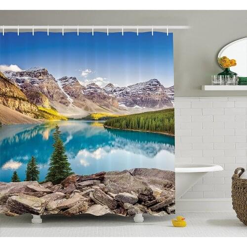 Landscape Shower Curtain Idyllic View of Moraine Lake at Sunset in Canadian Rocky Mountain Range Picture Bathroom Curtains