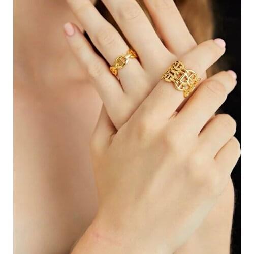 Rongho Metal Geometric Chain Cuff Rings for Women Men Vintage Jewelry Lovers Ring Pig Snout Adjustable Ring