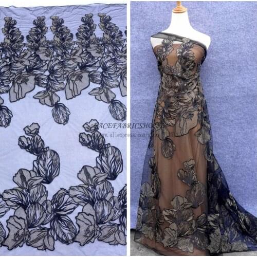 La Belleza Fashion style black gold mixed embroidered lace fabric evening dress lace fabric 1 yard