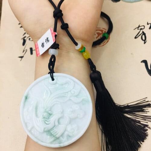 Natural Burmese Emerald Jade Carving Round Two-Color Phoenix Pendant with Hand-knitted Tassel Necklace Elegant Womens Sweater C
