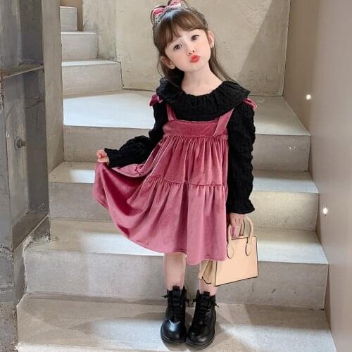 2021 New Velvet Autumn Little Girls Dress Children Clothing Baby Kids Princess Suspender Dresses Cute Toddler Sundress Spring