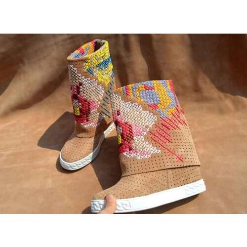 New Brand Women Round Toe White/Black/Nude/Blue Colorful Cross Stitch 8 cm Height Increasing Wedge Heels Mid-calf Short Boots