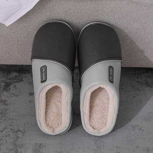 New Style PU Leather Waterproof Couple Home Cotton Slippers Female Non-slip Winter Home Warm Winter Male Indoor Drag