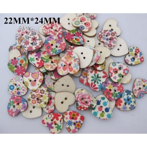 WBNKOG 22mm*24mm Printed Flower Heart wood sewing buttons mix 100pcs Flat back garment accessories