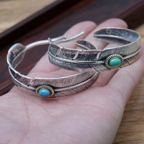 Starfield S925 Sterling Silver Jewelry Vintage Thai Silver Simple Feather Mosaic Turquoise Mens Open Ended Bangle