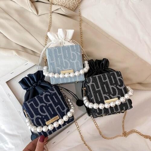 Women Drawstring Pocket Shoulder Bags Fashion Mini Square PU Leather Box Elegant Lady Solid Color Pearl Chain Crossbody Handbag