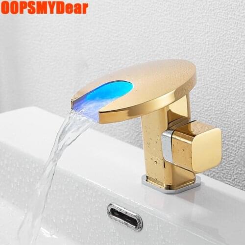 Waterfall LED Faucet Bathroom Hot Cold Mixer Tap Basin Sink Deck Mounted Grifo Modern Luxury Copper Kraan Gold Black Torneiras