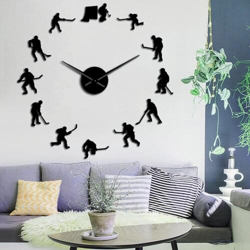 Ice Hockey Players Silhouette Mirror Stickers Hockey Sport Wall Hanging DIY Large Wall Clock Home Decor Wall Watch Gift For Man