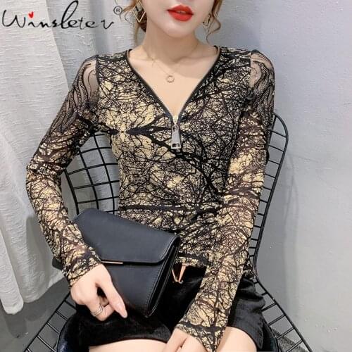 Spring Fall European Clothes T-Shirt Girl Fashion Print Sexy V-Neck Zipper Women Tops Mesh Diamonds Tees 2021 New T11411A