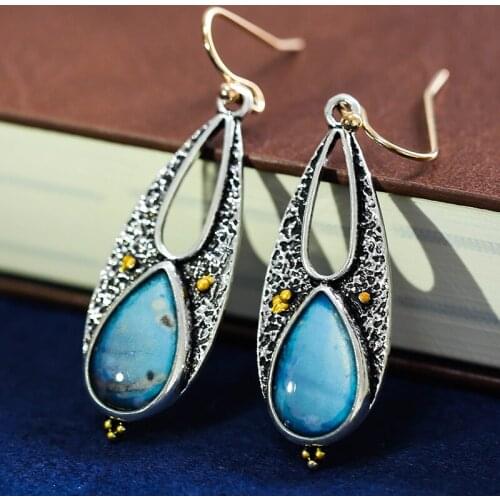 Vintage Tear Drop Blue Resin Earrings for Women Boho Ethnic Tribal Handmade Metal Dangle Long Pendant Earring Statement Jewelry