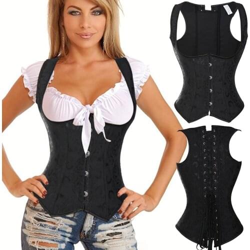 Gothic Corset for Womens Waist Trainer Corsets Overbust Bustier Top Sexy Black Steampunk Clubwear Vest Buckle Lace Up G String