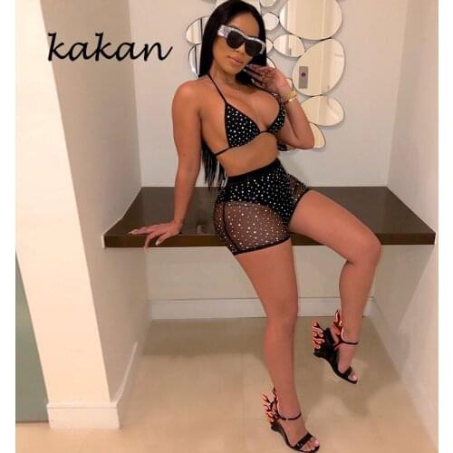 Kakan sexy womens mesh jumpsuit two-piece club party jumpsuit wave point black blue jumpsuit