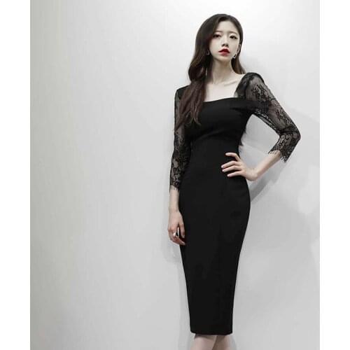 White Black Three Quarter Sleeve Square Collar Vintage Patchwork Lace Dress Party Club Dresses Spring Women Elegant Pencil Dress
