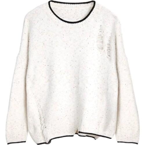 100%hand made polyester knit women fashion hollow out Oneck irregular hem pullover sweater solid color one&over size