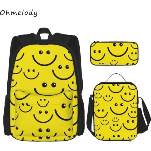 Cheerful Smile Face 3PCS Sets School Backpack Lunch Bag Pencil Case Teenage Boys Girls Casual Daypacks Travelling Backpack
