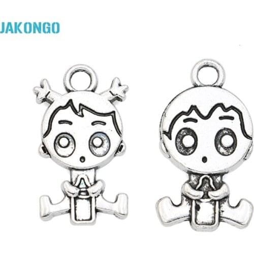JAKONGO Antique Silver Plated Boy Girl Charms Pendants for Jewelry Making DIY Handmade Craft 10pcs