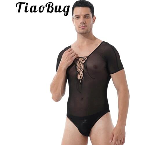 Mens Exotic Romper Bodycon Crisscross Lace-up Front Short Sleeve Sheer Leotard Catsuit See-through Mesh Deep V Neck Sexy Leotard