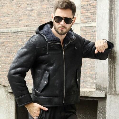 New Mens B3 Shearling Jacket Black Leather Jacket Hooded Fur Coat Short Sheepskin Coat Winter Warm Jacket