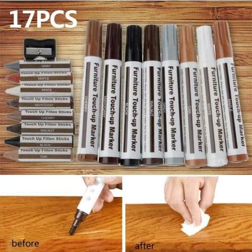 New 17Pcs Furniture Touch Up Kit Markers & Filler Sticks Wood Scratches Restore For Cover Wear And Blemishes On Furniture