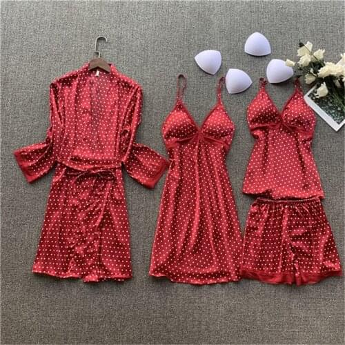 Pajamas women summer sexy pajamas four-piece suspenders Sleepwear womens Tempting home wear with chest pad пижама