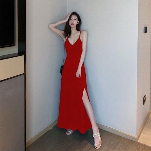 Stripe/Black/Red Sexy Long Dress Spaghetti Strap V-neck Dresses High Waist Summer 2021 Sleeveless Bandage Maxi Dresses for Women