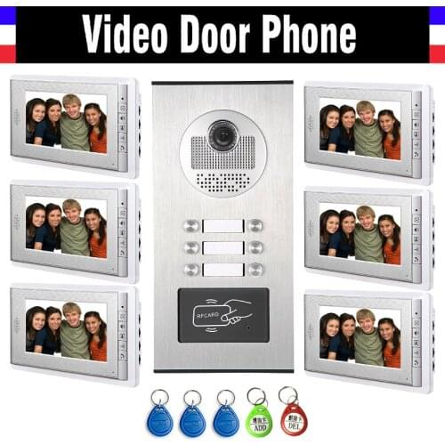 6 Units Apartment Intercom System Video Intercom Video Door Phone Kit HD Camera 7 Inch Monitor with RFID keyfobs for 6 Household