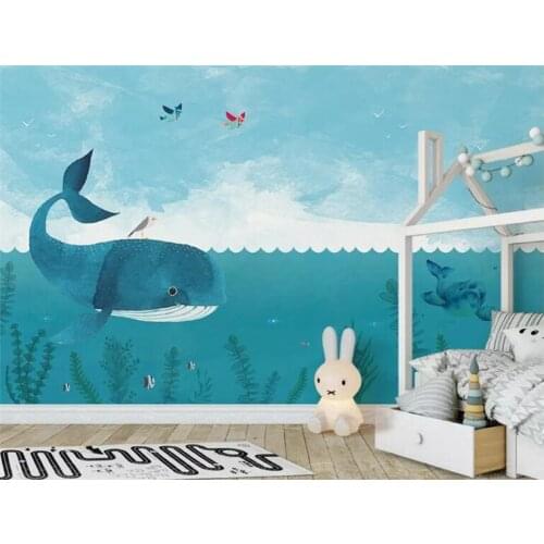 Nordic simple cartoon whale sea children house background professional production wallpaper mural custom photo wall