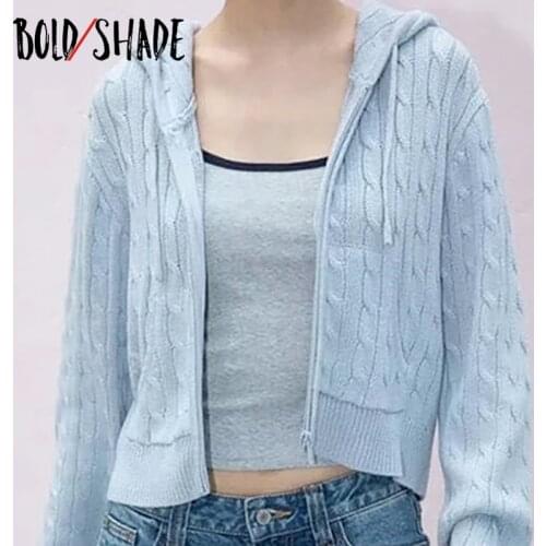 Bold Shade Y2K Vintage Hooded Cardigan Sweaters Zipper Long Sleeve Twist Knitswear Harajuku Women Autumn Winter Crop Sweater New