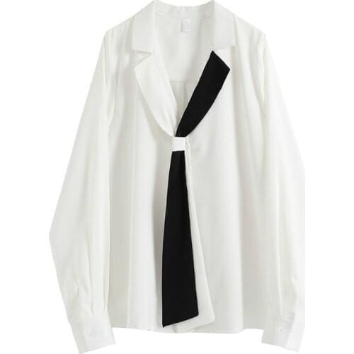 Women Shirt 2021 New Black White Turn-down Collar Full Patchwork High Street Chiffon Blouse Korean Ladylike Women Shirt
