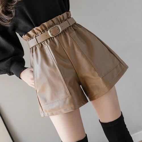Leather Shorts Women Black Faux En Cuir PU Plus Size Casual Elastic High Waist Wide Leg Sashes Ladies Shorts Female 2021 Autumn