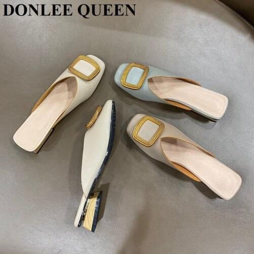 Women Mules 2020 Fashion Wooden Block Low Heels Slippers Metal Buckle Loafer Spring Square Toe Flat Slide Flop Flops Big Size 41