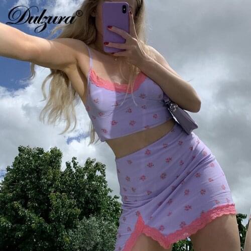 Dulzura Floral Print Lace Patchwork Women Two Piece Set Strap Crop Top Slit Mini Skirt Bodycon Sexy Streetwear Club 2021 Summer