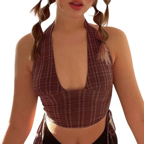 Women Halter Crop Tank Tops, Sexy Sleeveless Plaid Print Drawstring Side Camisole