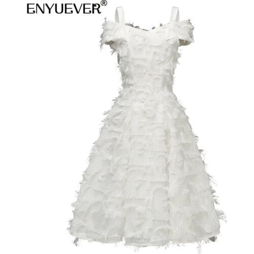 Enyuever Short White Formal Dress Women Clothes Vintage Spaghetti Strap Fringe Tassel V Neck Swing Evening Party Dresses