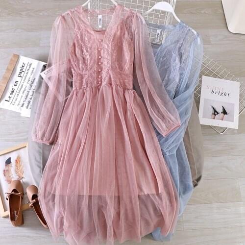 2PCS Women Puff Sleeve Mesh Gauze Tulle Pleated Ruffles Dress Vintage Elastic Slim Hollow Out Lace Flower Pullover Midi Dresses