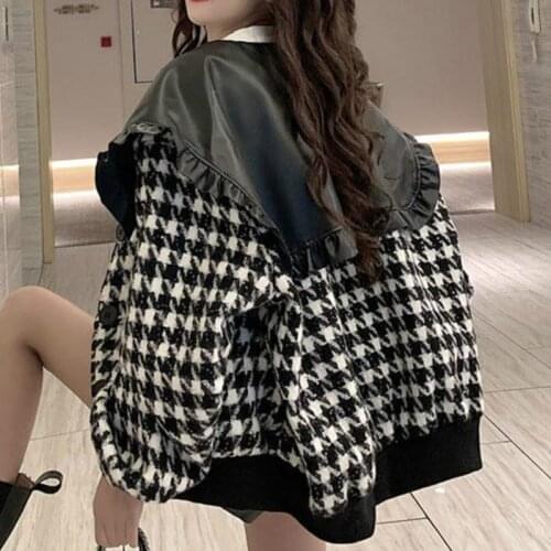 VOOCIEC Fashion Loose Woolen Coat For Autumn/Winter Women Doll Collar Stitching Casual College Style Literary Retro Girl Coat