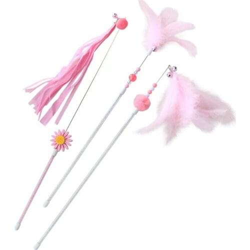 1 Set of 3Pcs Interactive Pet Cats Toy Teaser Stick Ribbon Feather Cat Teaser