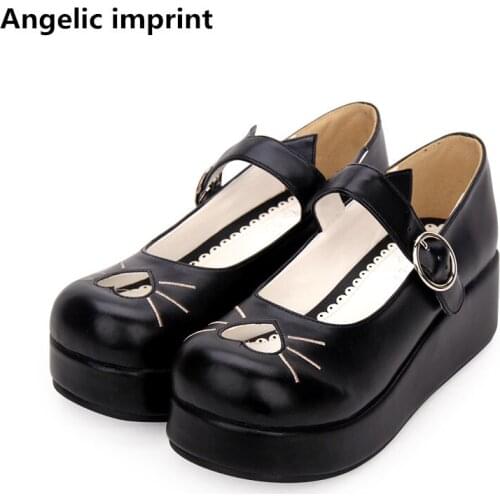 Angelic imprint woman mori girl lolita cosplay shoes lady mid wedges heels pumps women princess dress party shoes lovely hearts