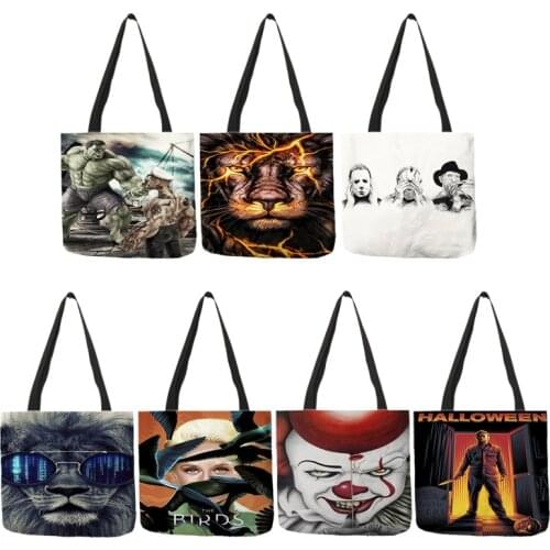 B01109 Eco Reusable Linen Shopping Bag New Pattern Halloween Horror Movie Charcters Killers Print Women Handbags Large Tote