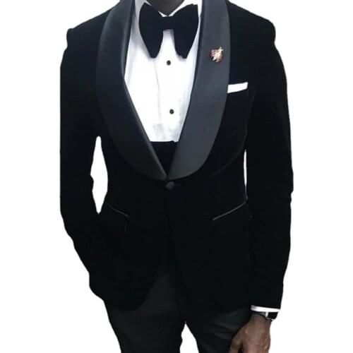 Black Velvet Wedding Tuxedo for Groomsmen Slim Fit African Men Suits Custom 3 Piece Male Fashion Jacket Waistcoat with Pants