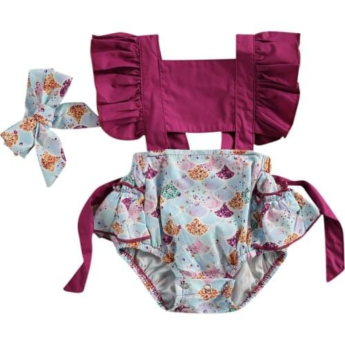 2021 Summer Baby Romper with Headband Mermaid Print Square Collar Fly Sleeve Bodysuit+ Hair Band for Girls, 0-24 Months Hot Sale