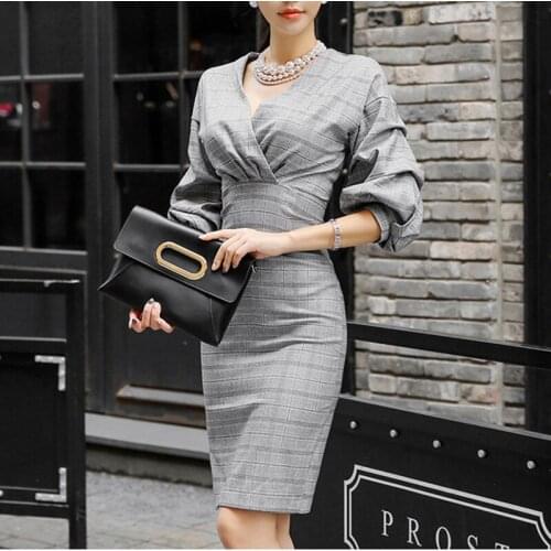 Elegant V neck Plaid Dresses Women Fashion Lantern Sleeve Autumn High Waist Slim Ladies Bodycon Dress Sexy Split